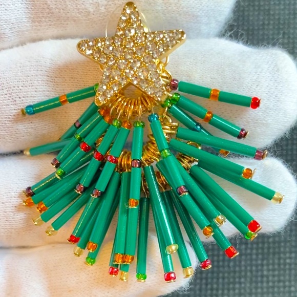 Forest Green Gold-Tone Pavé & Multicolor Bead Holiday Tree Drop Earrings - Picture 6 of 6